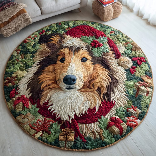 Shetland Sheepdog Wreath Quilted Round Mat Christmas Home Decor Gifts For Dog Lovers - Printvoro