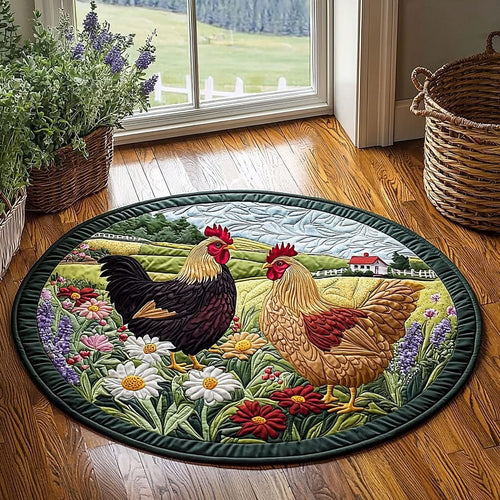 Chicken On The Field Quilted Round Mat Farmhouse Home Decor Christmas Gifts For Chicken Lovers - Printvoro