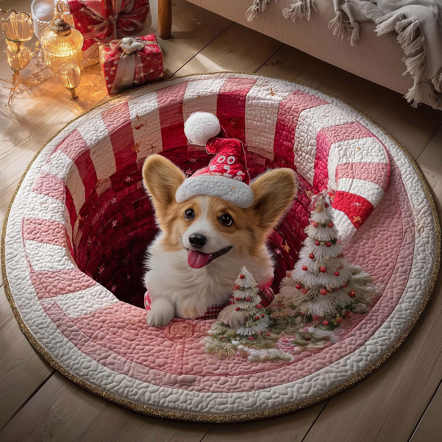 Corgi Christmas Quilted Round Mat Cute Animal Home Decor Xmas Gifts For Corgi Lovers - Printvoro