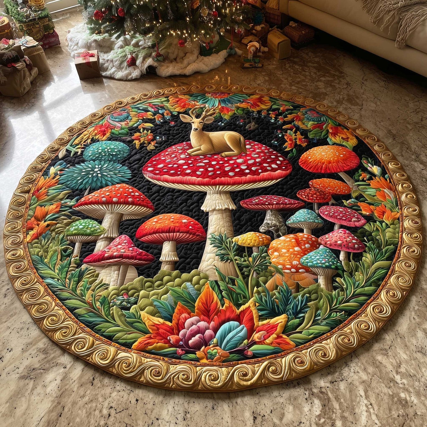 Deer Woodland Magic Quilted Round Mat Colorful Mushroom Round Rug Christmas Home Decor Gifts - Printvoro