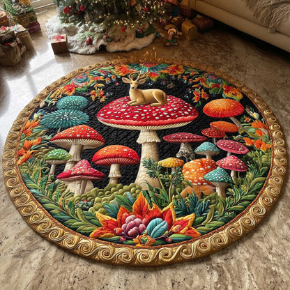 Deer Woodland Magic Quilted Round Mat Colorful Mushroom Round Rug Christmas Home Decor Gifts - Printvoro