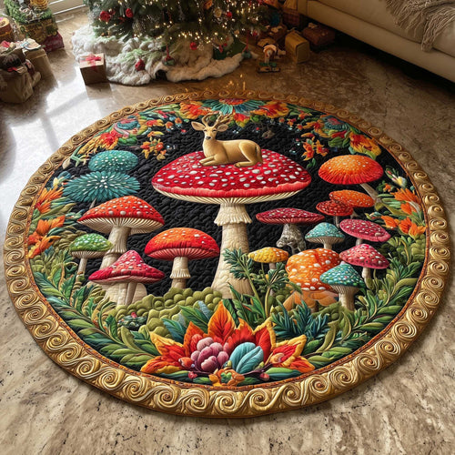 Deer Woodland Magic Quilted Round Mat Colorful Mushroom Round Rug Christmas Home Decor Gifts - Printvoro