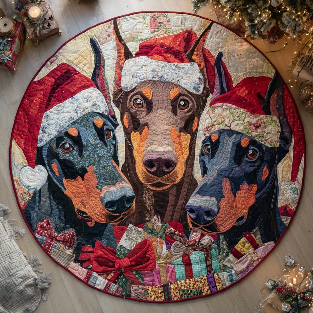 Doberman Santa Christmas Quilted Round Mat Winter Holiday Home Decor Gifts For Dog Lovers - Printvoro