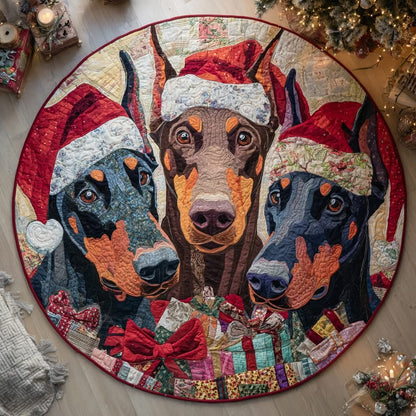 Doberman Santa Christmas Quilted Round Mat Winter Holiday Home Decor Gifts For Dog Lovers - Printvoro