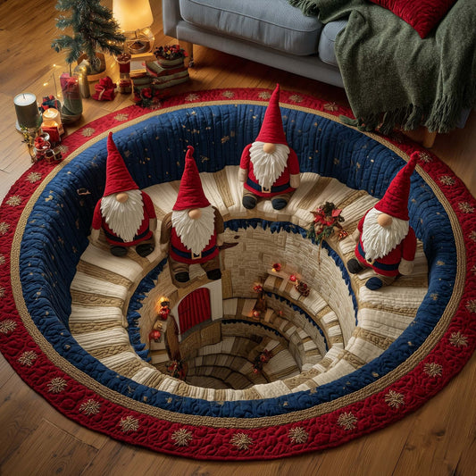 Gnome Stairs Christmas Quilted Round Mat Cozy Holiday Decor Gnome Christmas Gift Ideas - Printvoro