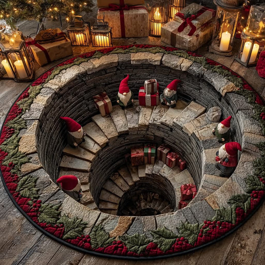 Gnome Stairs Christmas Quilted Round Mat Winter Holiday Decor Gnome Xmas Gift - Printvoro