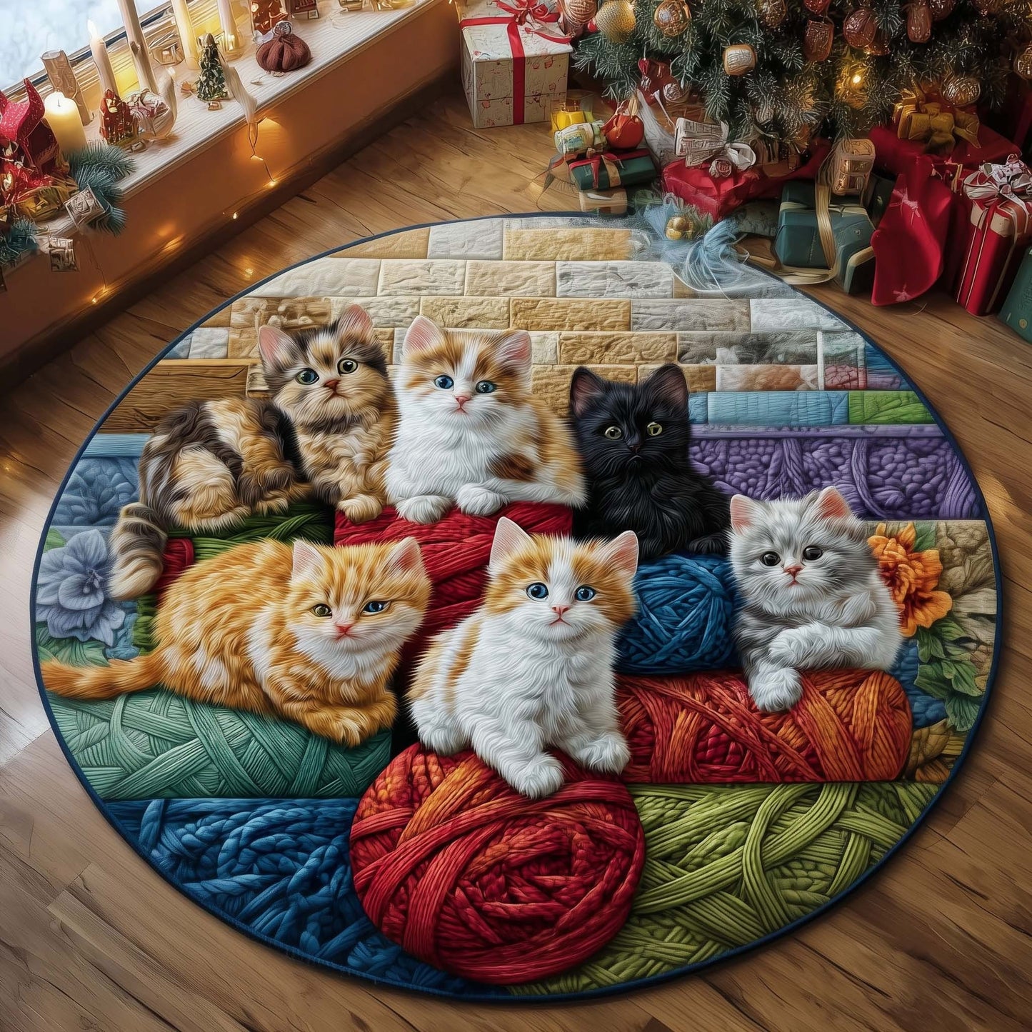 Cat Bliss Quilted Round Mat Cute Kitten Christmas Decorations Xmas Gifts For Cat Lover - Printvoro
