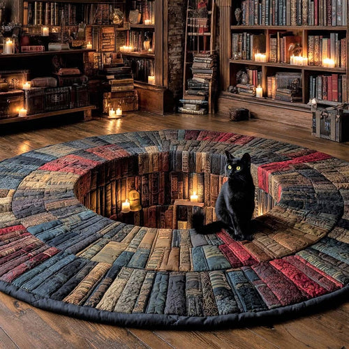 Black Cat Furry Reads Quilted Round Mat Home Decorations Gifts For Book Lovers - Printvoro
