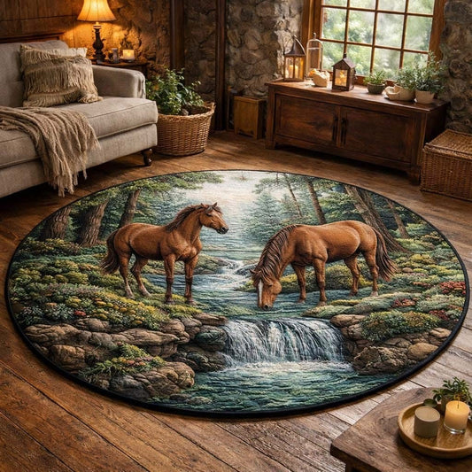 Horse Forest Creek Pair Quilted Round Mat Rustic Themed Home Decor Gifts For Horse Lovers - Printvoro