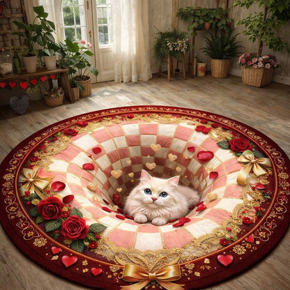 Cat Romantic Heart Vortex Quilted Round Mat Valentine Day Home Decor Gifts For Cat Lovers - Printvoro