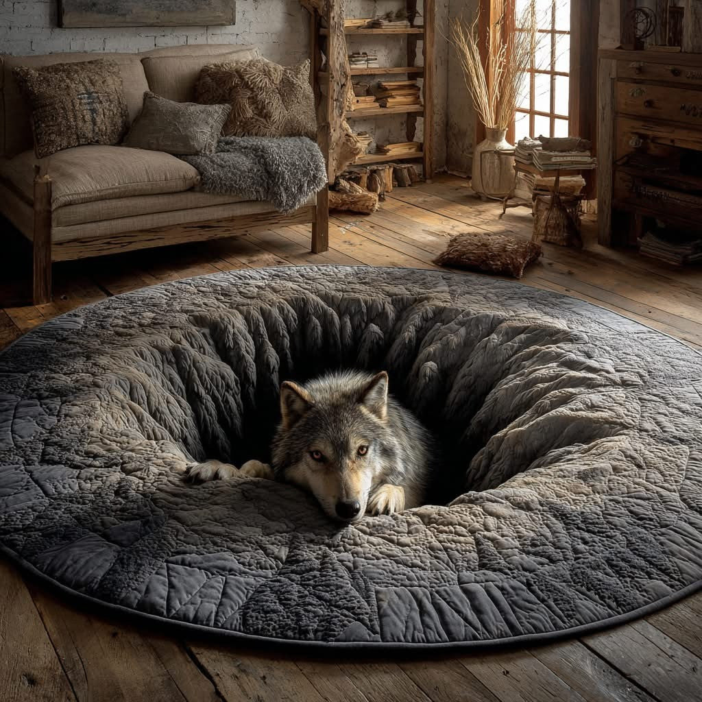 Wolf Stone Hearth Quilted Round Mat Home Decor Best Gifts For Wolf Lovers - Printvoro