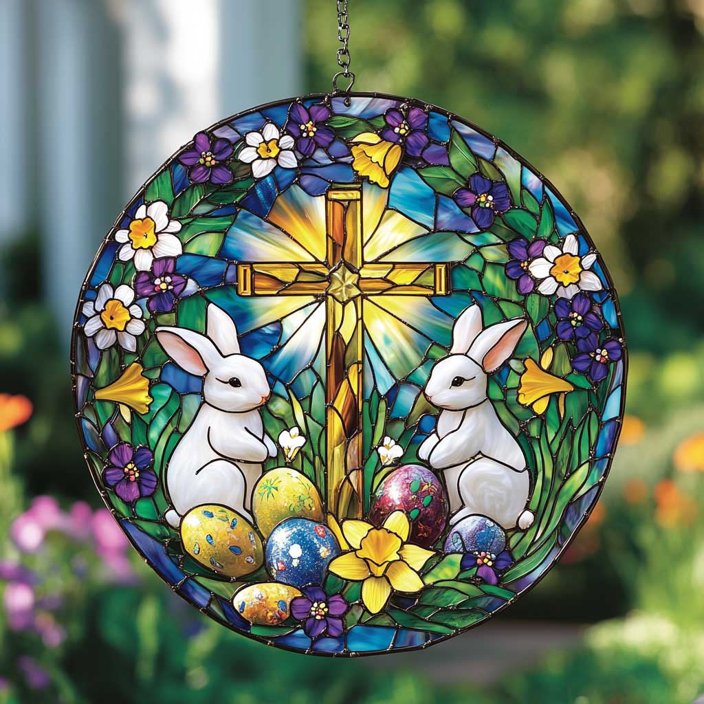 Floral Rabbit Suncatcher Steadfast Faith Window Hanging Home Decor Gift For Family - Pvr