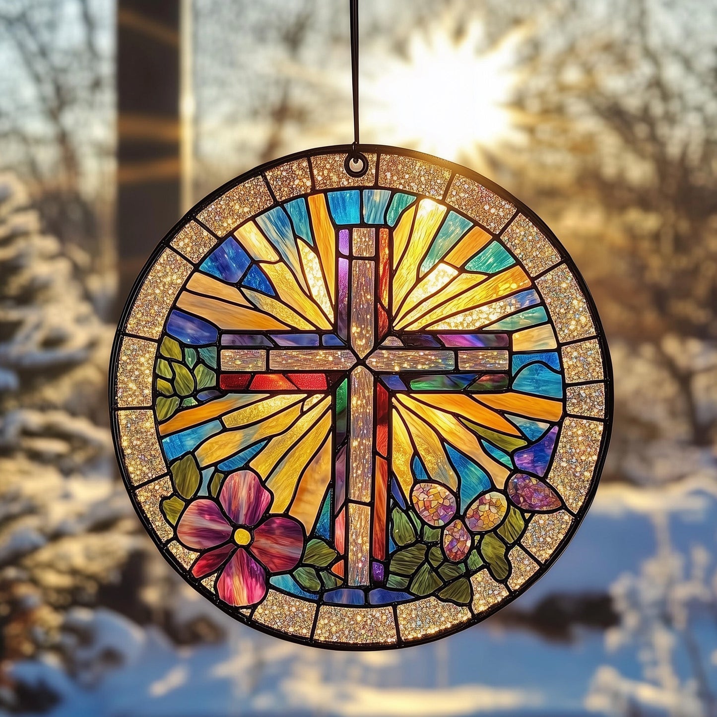 Sunlit Cross Suncatcher Steadfast Faith Window Hanging Home Decor Religious Home Gift - Pvr