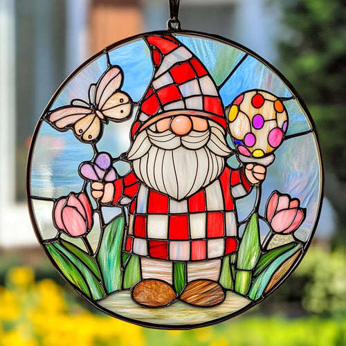 Gnome In Tulip Garden Suncatcher Cute Window Hanging Home Decor Unique Gnome Gifts - Pvr