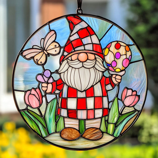 Gnome In Tulip Garden Suncatcher Cute Window Hanging Home Decor Unique Gnome Gifts - Pvr