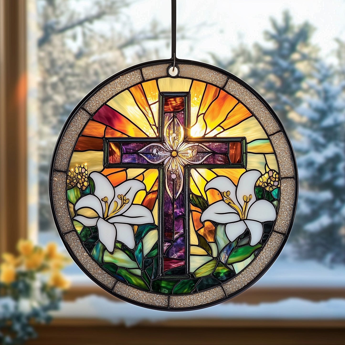 Sunlit Cross Suncatcher Steadfast Faith Window Hanging Home Decor Christian Family Gift - Pvr