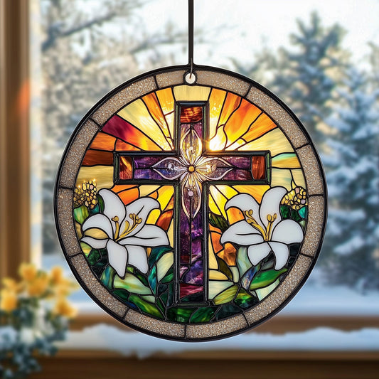 Sunlit Cross Suncatcher Steadfast Faith Window Hanging Home Decor Christian Family Gift - Pvr