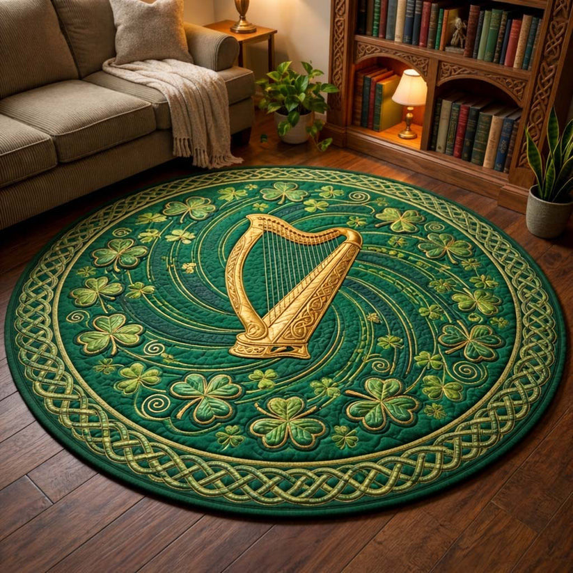 Emerald Harmony Irish Quilted Round Mat Saint Patrick's Day Decor Shamrock Day Gifts - Printvoro