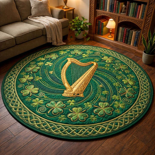 Emerald Harmony Irish Quilted Round Mat Saint Patrick's Day Decor Shamrock Day Gifts - Printvoro