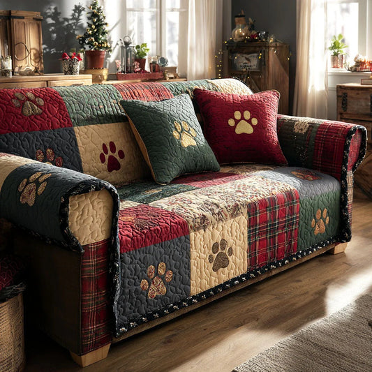 Festive Paw Quilted Sofa Cover Love Paw Cozy Atmosphere Quilt Perfect Presents For Relax Lovers - Pvr