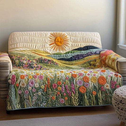Golden Landscape Quilted Sofa Cover Flower Garden Sunshine Quilt Gift For Natural Lovers - Pvr