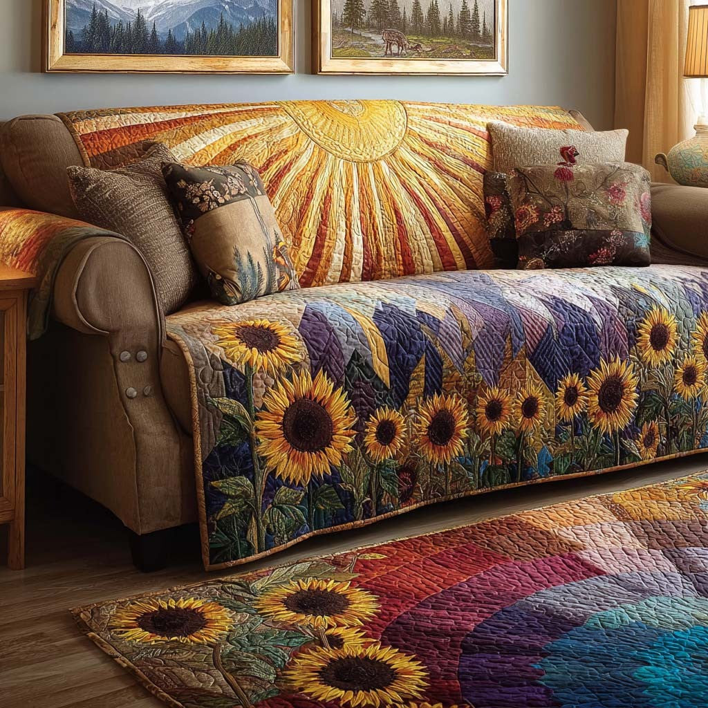 Hills And Flowers Quilted Sofa Cover Sunflower With Sun Cozy Quilt Gift For Grandparents - Pvr