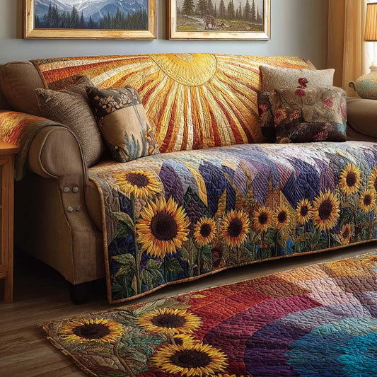 Hills And Flowers Quilted Sofa Cover Sunflower With Sun Cozy Quilt Gift For Grandparents - Pvr