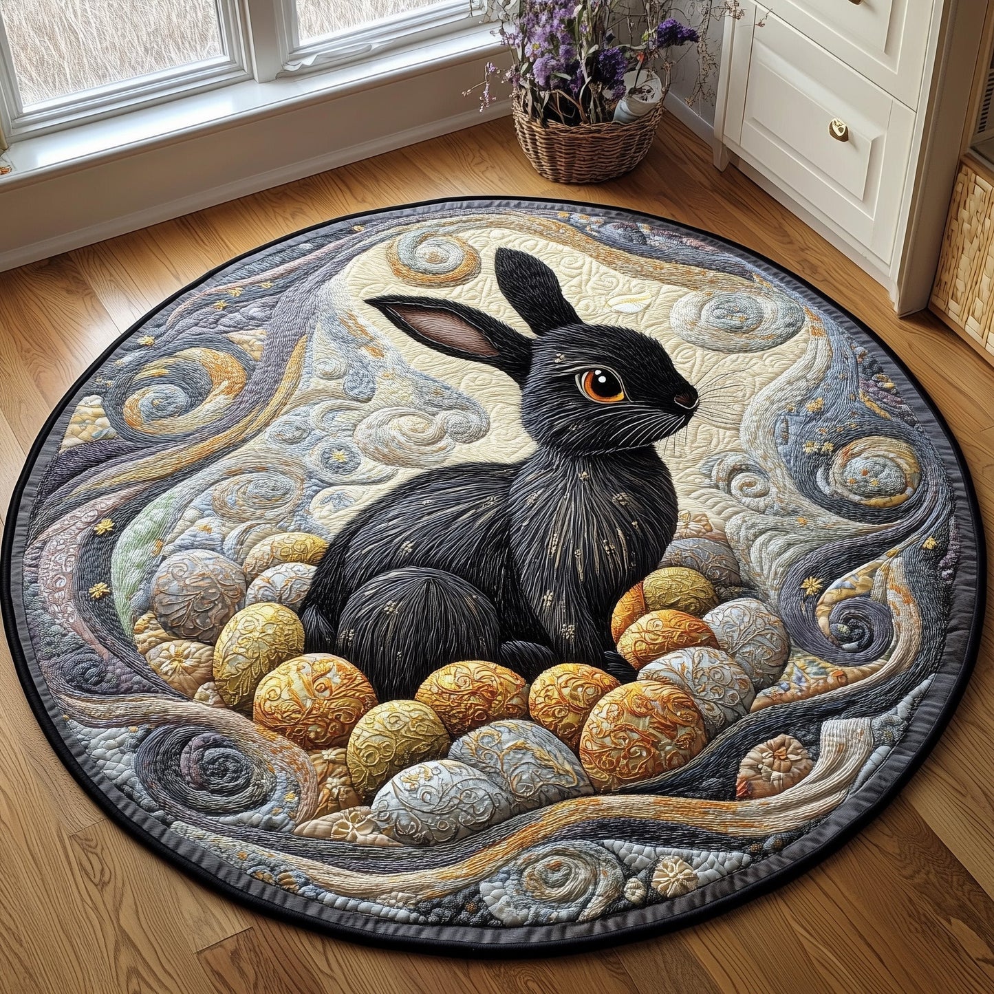 Black Easter Bunny Egg Hunt Round Mat Vintage Bunny Round Rug Unique Gift For Family - Pvr