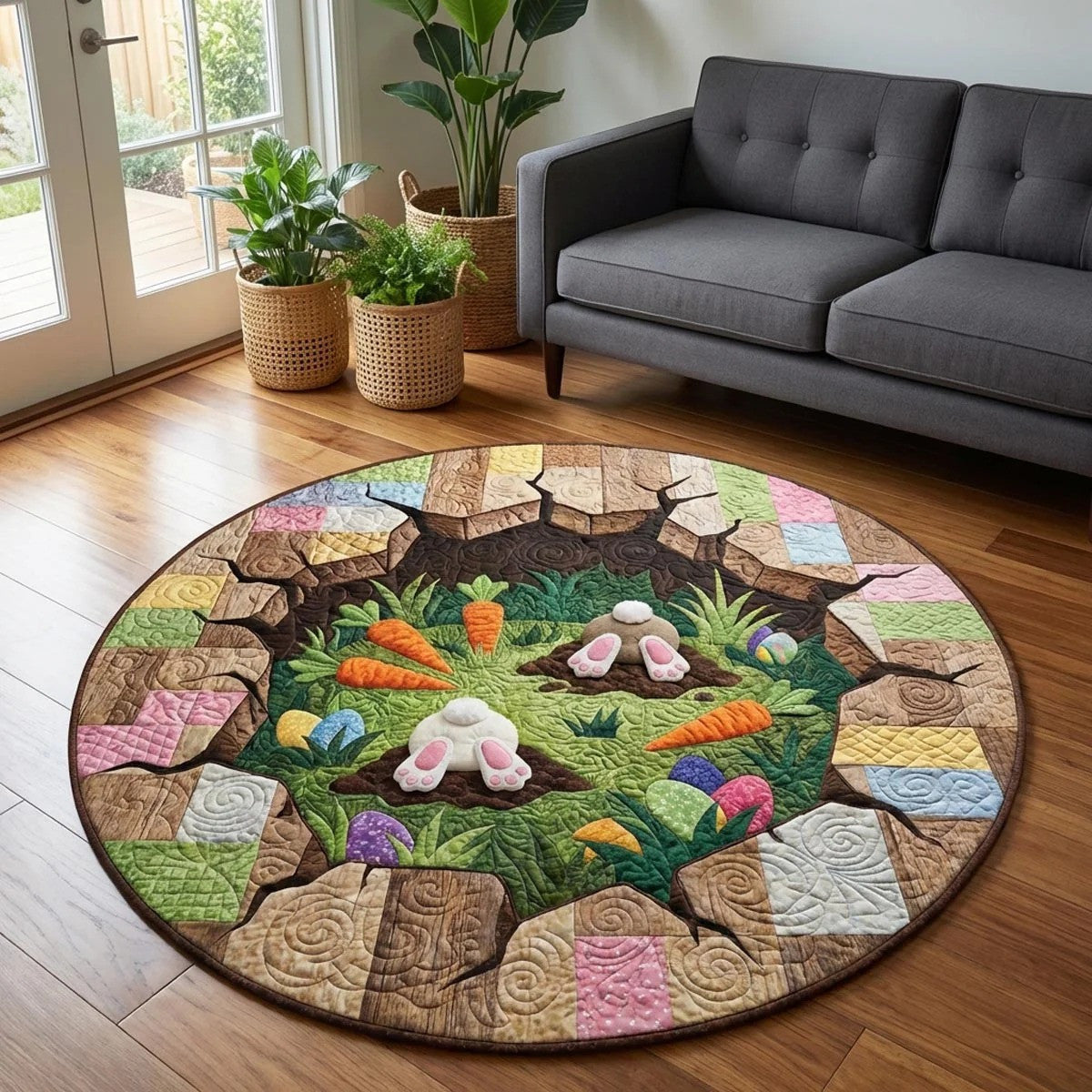 Easter Bunny Garden Round Mat Spring Holiday Rug Bunny Egg Home Decor Gift For Family - Pvr