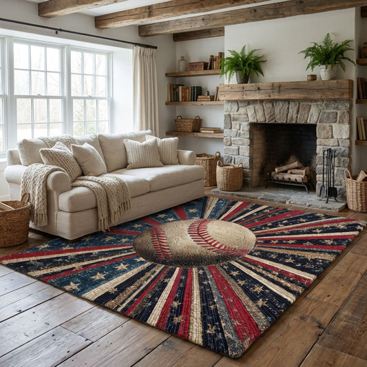Americana Ball Area Rug Vintage Baseball Theme Home Decor Patriotic Sports Gift - Printvoro