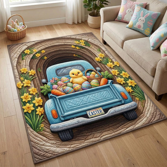 Easter Bunny Truck Egg Hunt Quilted Area Rug Cute Chick Easter Rug Easter Gift For Family - Pvr