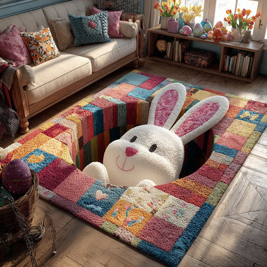 Little Bunny Surprise Quilted Area Rug Easter Bunny Colorful Eggs Home Decor Gift For Wife - Printvoro