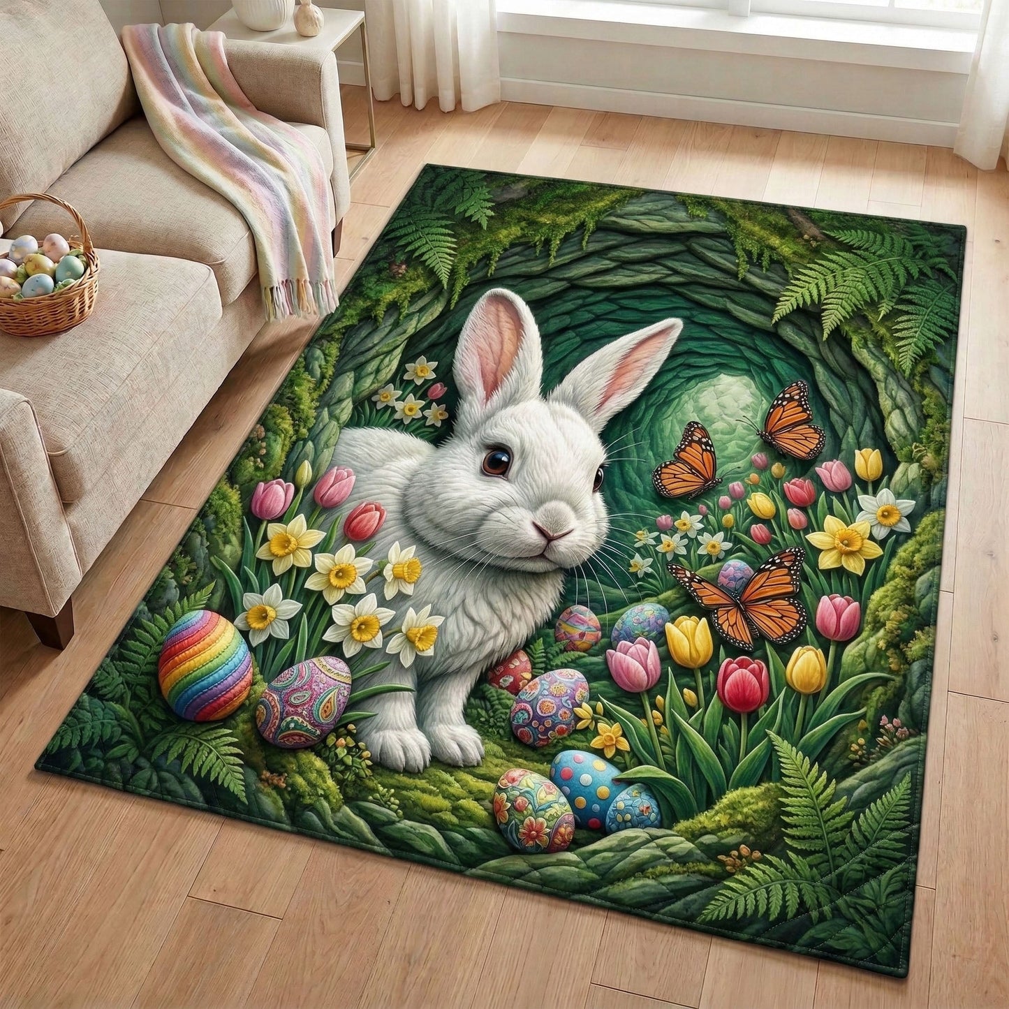 Spring Rabbit Quilted Area Rug Spring Nature Inspired Room Decor Gift For Friends - Printvoro