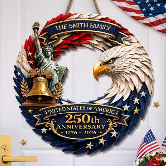Personalized America 250th Anniversary Wood Sign Shape 1776 2026 Liberty Flag Decor Family Gift - Printvoro
