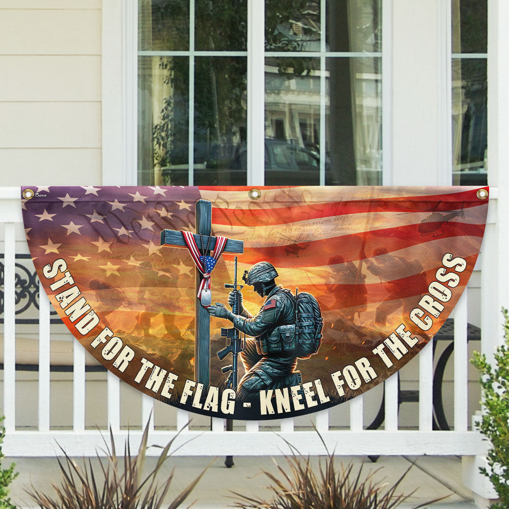 US Veteran Stand For The Flag Kneel For The Cross Fan Flag Memorial Day Merch Outdoor Decor - Printvoro