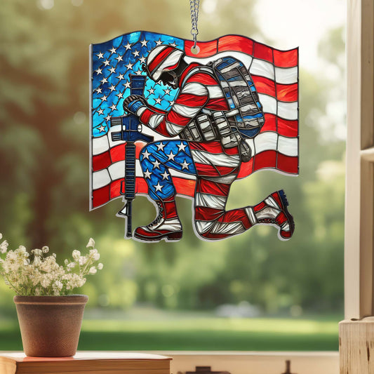 US Veteran Veterans Soldier Kneeling Suncatcher Hanging Memorial Day Merch 4Th Of July Decor - Printvoro