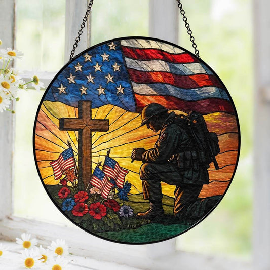 Patriotic Kneeling Soldier Stained Glass Suncatcher Memorial Day Veteran Merch Gift For Brother - Printvoro