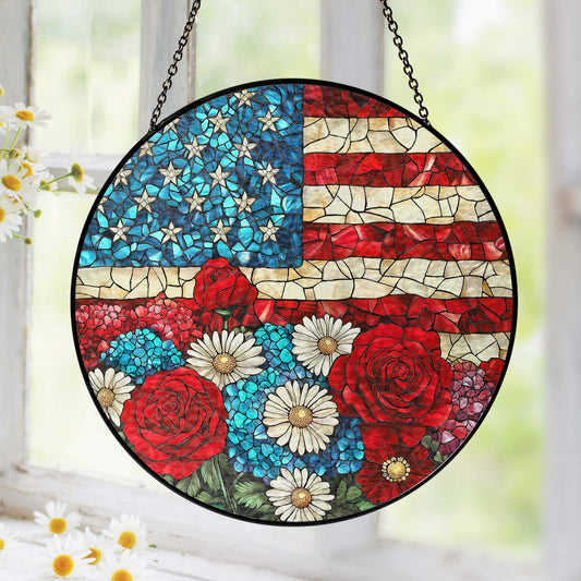 Patriotic Floral USA Flag Stained Glass Suncatcher Window 4th Of July Decor Gift Ideas - Printvoro