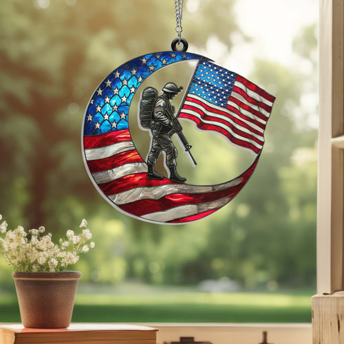 American Soldier Crescent Moon Suncatcher Acrylic Hanging Independence Decor Gift Ideas - Printvoro