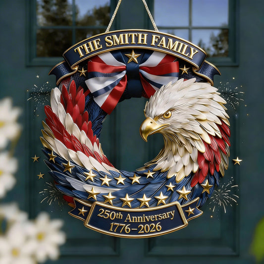 Personalized Patriotic Eagle Wood Sign 250th Anniversary 1776 2026 Door Decor Gift For Mom - Printvoro