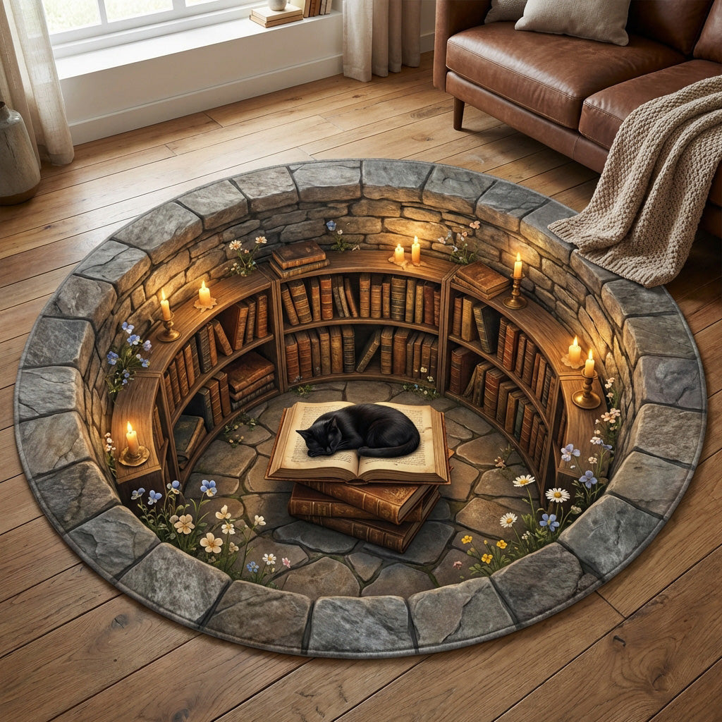 Cozy Library Round Mat Cozy Home Decor Sleeping Cat Mat Best Gifts For Cat Lovers - Printvoro