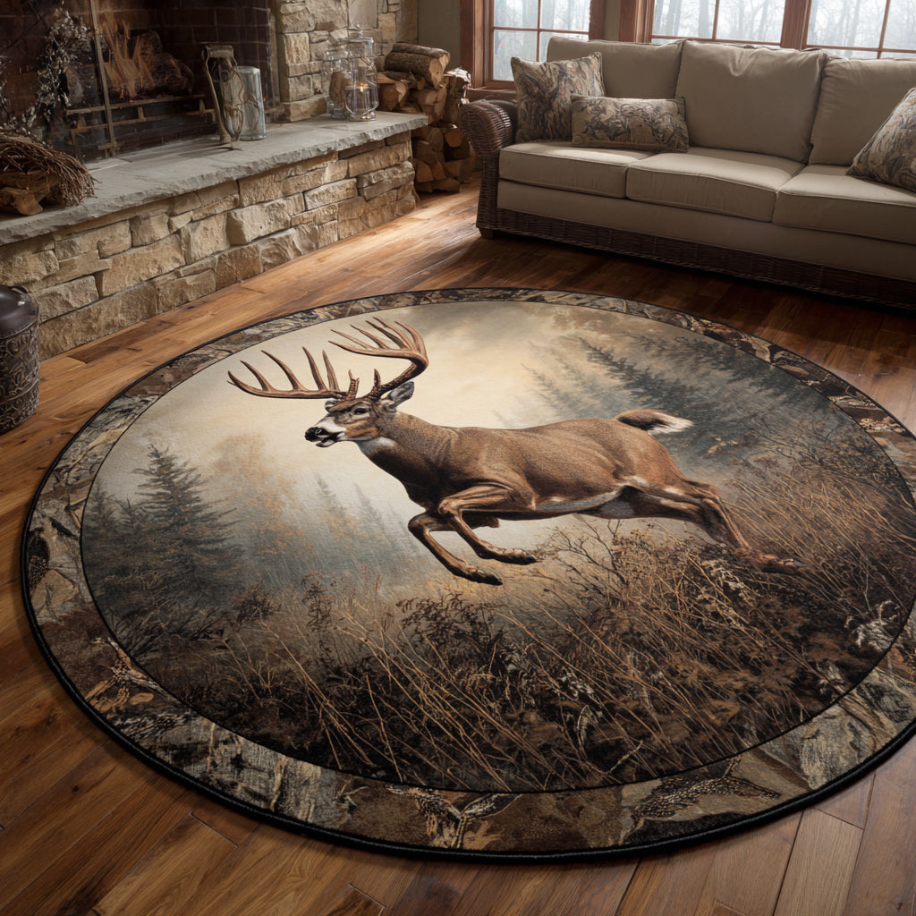 Deer Running Mist Round Mat Living Decor Ideas Best Gifts For Deer Lovers - Printvoro