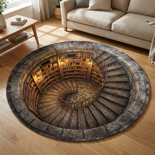 Stone Library Round Mat Living Room Decor Vintage Gifts Idea For Father's Day - Printvoro