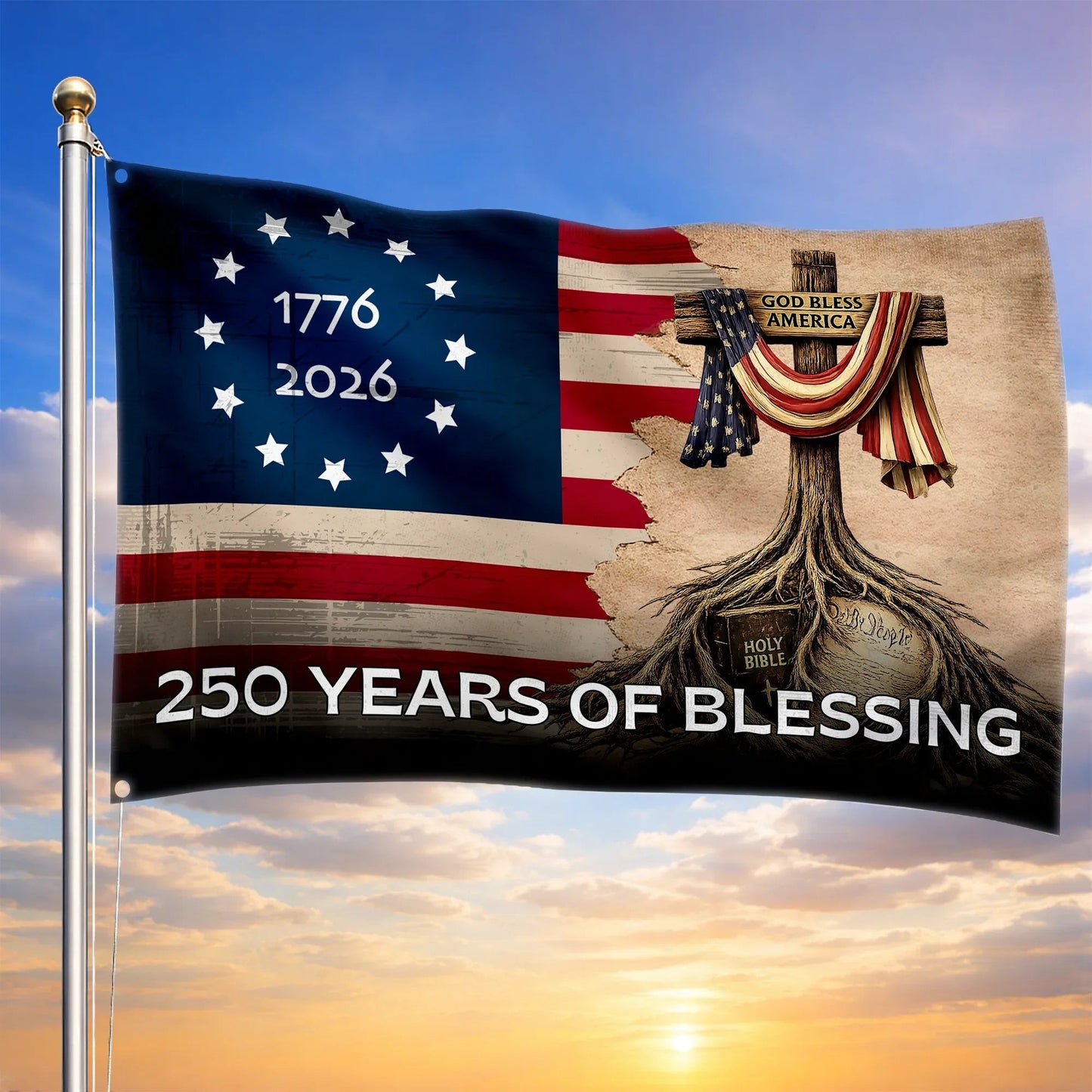 250 Years Of Blessing Christian Flag God Bless America Merch Gift For Patriots - Printvoro