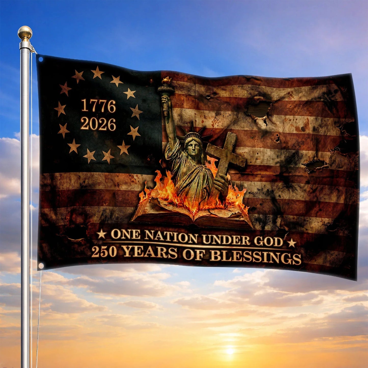 USA One Nation Under God Flag Memorial Day Merch Patriotic Outdoor Decor - Printvoro