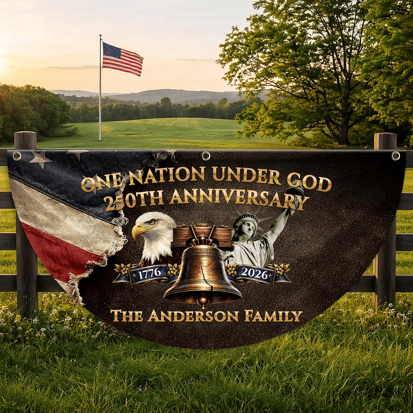 Personalized One Nation Under God Fan Flag 250th Anniversary Merch Patriotic Decor - Printvoro