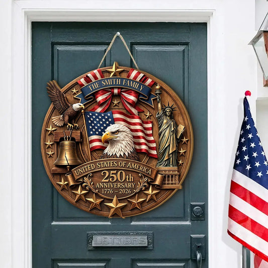 Personalized 250th Anniversary Round Wooden Sign Independence Day Merch Patriotic Gift For Dad - Printvoro