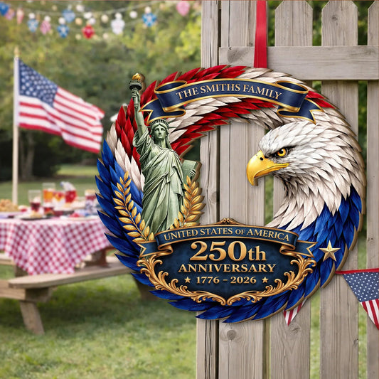 Personalized 250th Anniversary Wreath Wooden Sign Land Of The Free Merch Outdoor Decor - Printvoro
