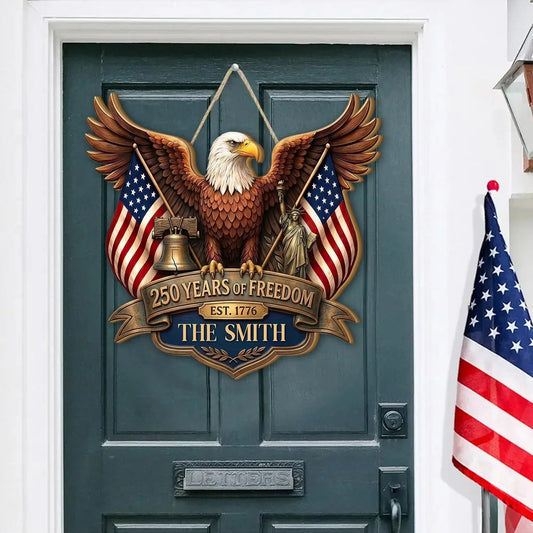 Personalized Patriotic Eagle Crest Wooden Sign America's 250th Birthday Merch 4Th Of July Gift - Printvoro