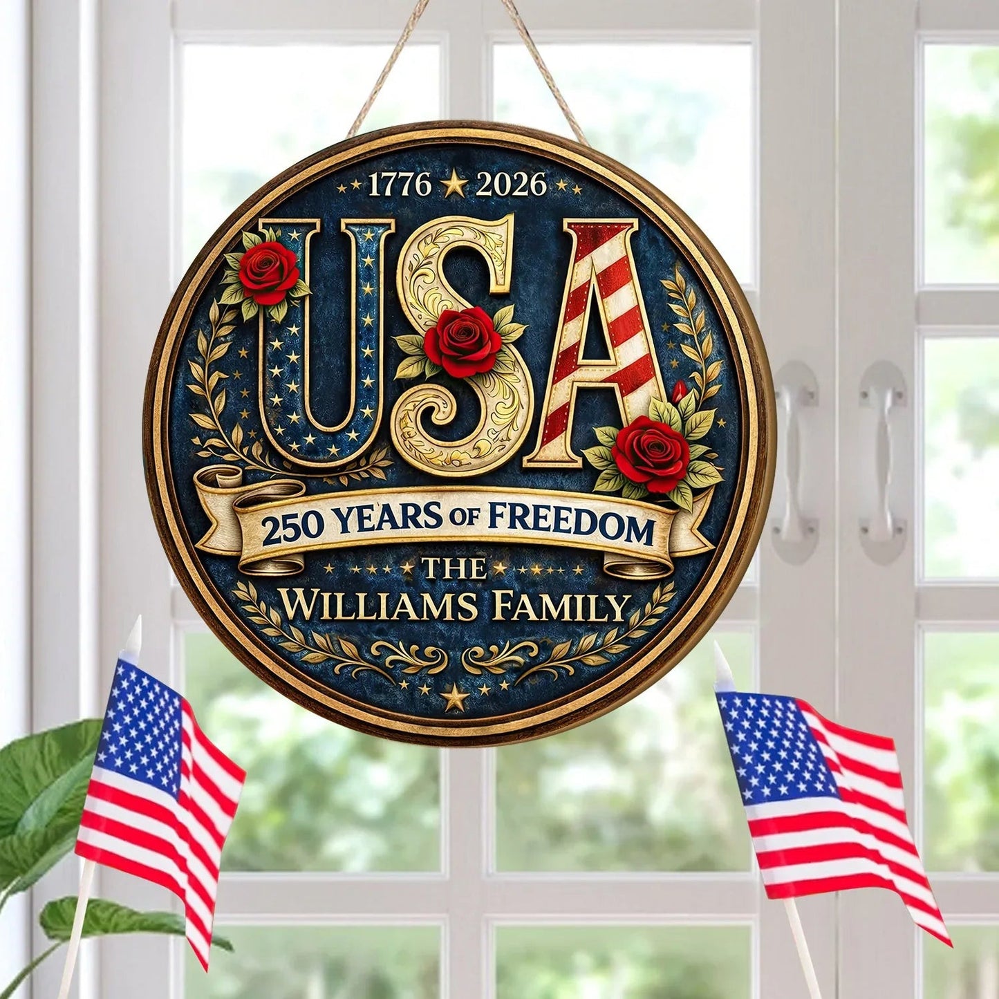 Personalized Patriotic USA Round Wooden Sign 250 Years Of Freedom Merch Gift For Dad - Printvoro